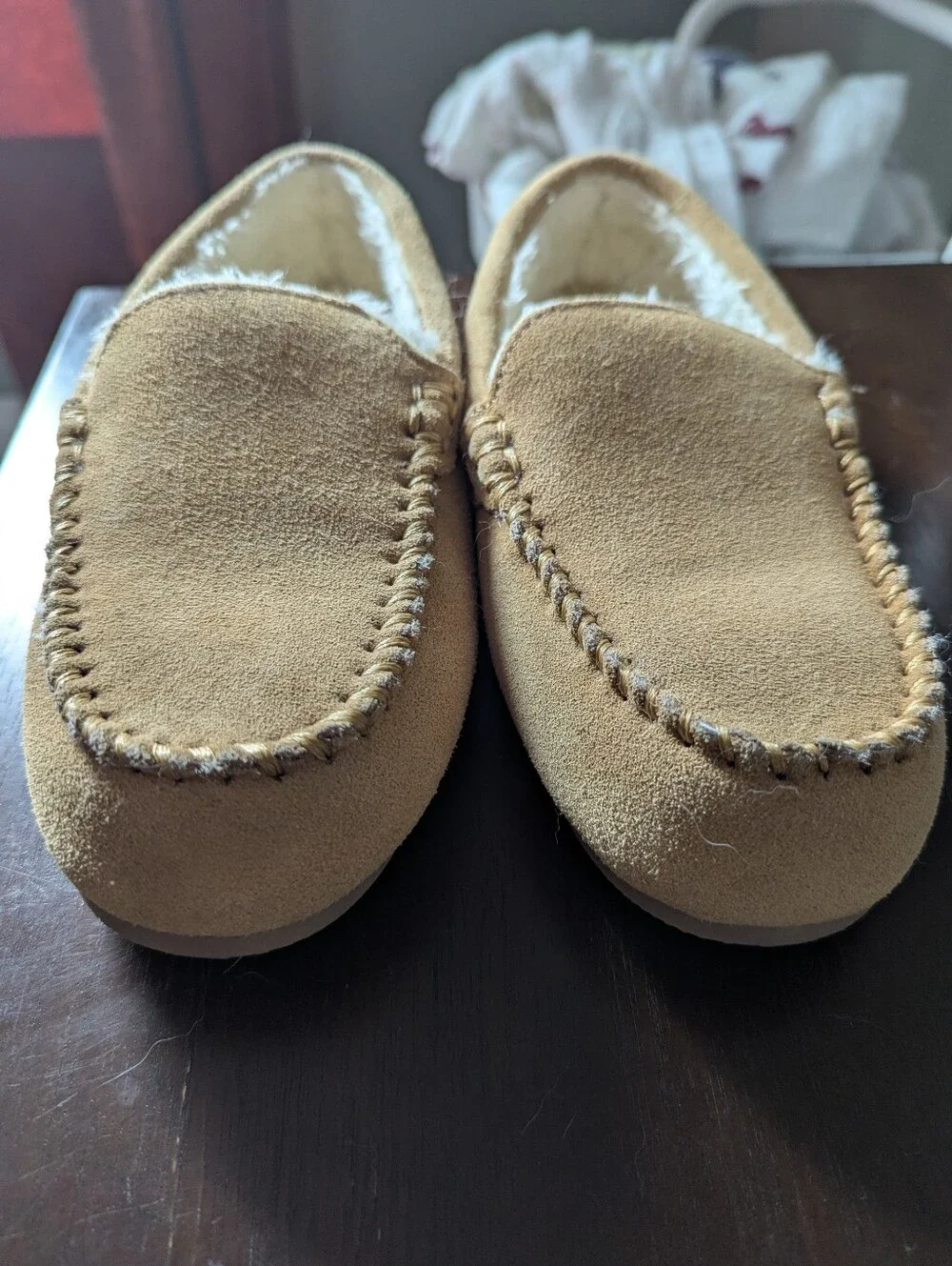 Lands' End Suede Moccasin Slippers in Beige